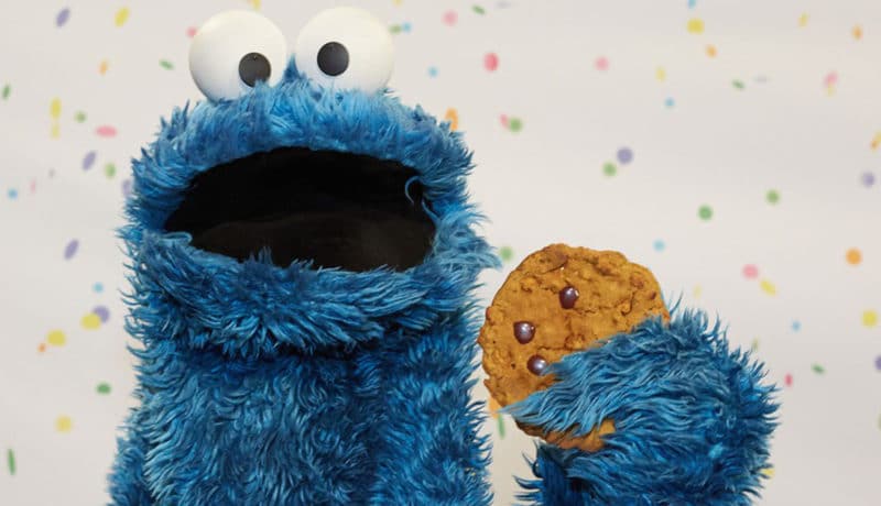 Monstre bleu avec biscuit aux pépites de chocolat dans la main